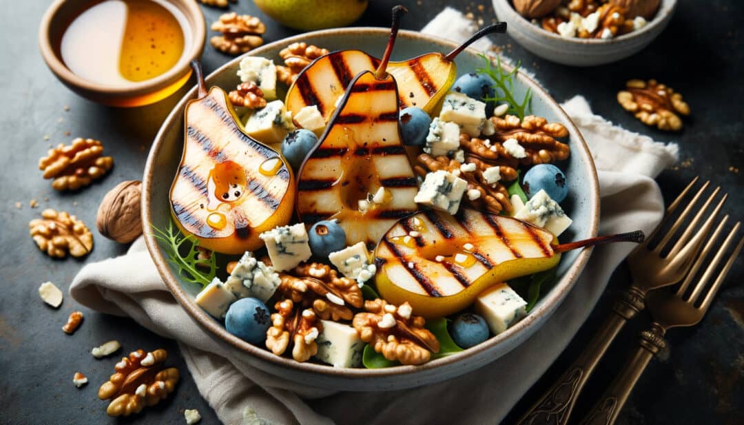 Grilled pear and blue cheese salad: drizzled with honey.