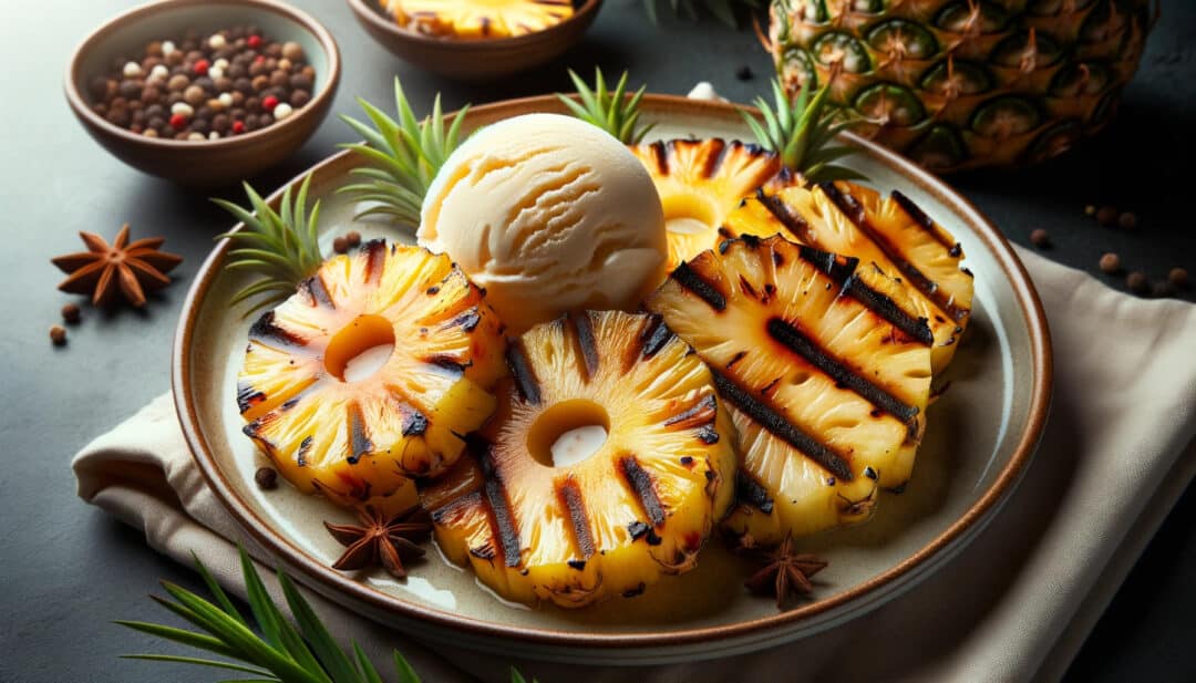 Grilled pineapple slices: served with vanilla ice cream for dessert