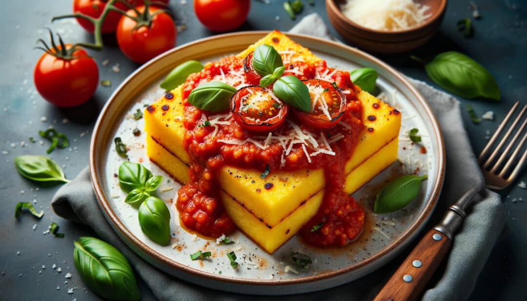 Grilled polenta: topped with a roasted tomato sauce