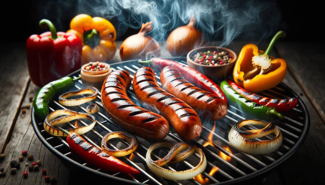 Grilled sausages: paired with grilled onions and peppers.