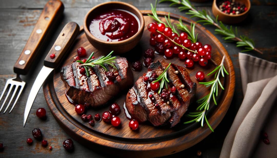 Grilled venison steaks: paired with a red currant sauce