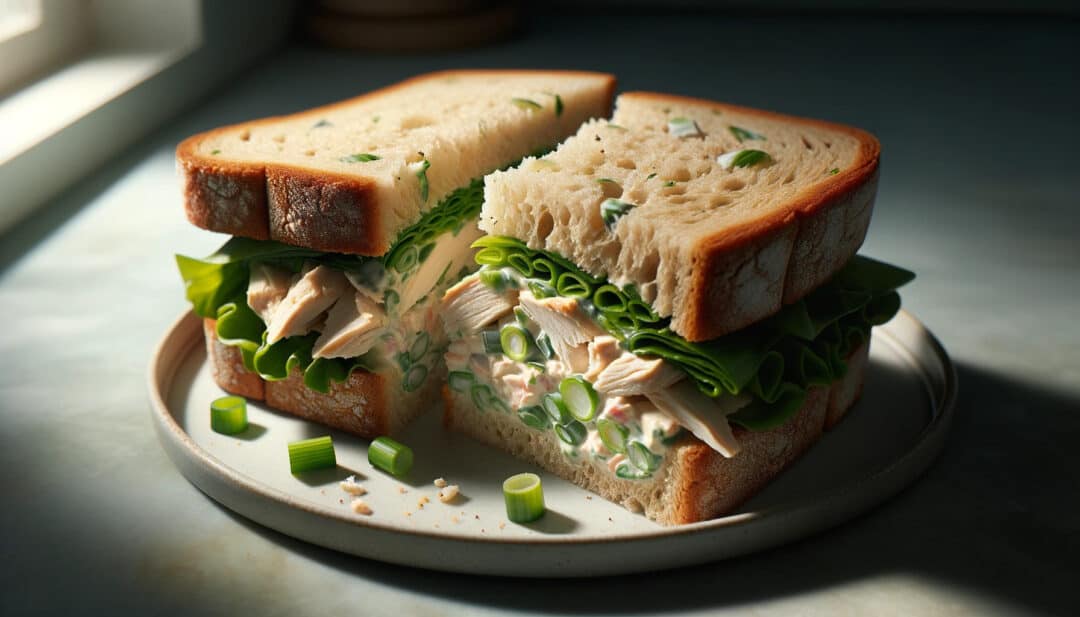 Photo-quality image of a half-cut sandwich revealing the green onion classic gluten free chicken salad within layers of gluten-free bread. The salad is fresh, with visible chunks of chicken and green onions.