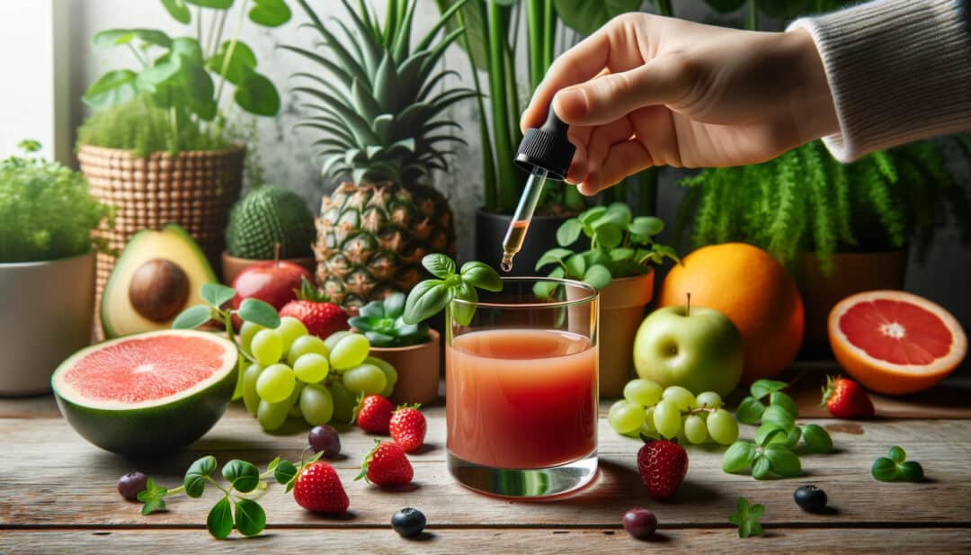 Hand holding a dropper filled with vegan plant-based propylene glycol, dripping it into a glass of fresh juice with fruits and green plants