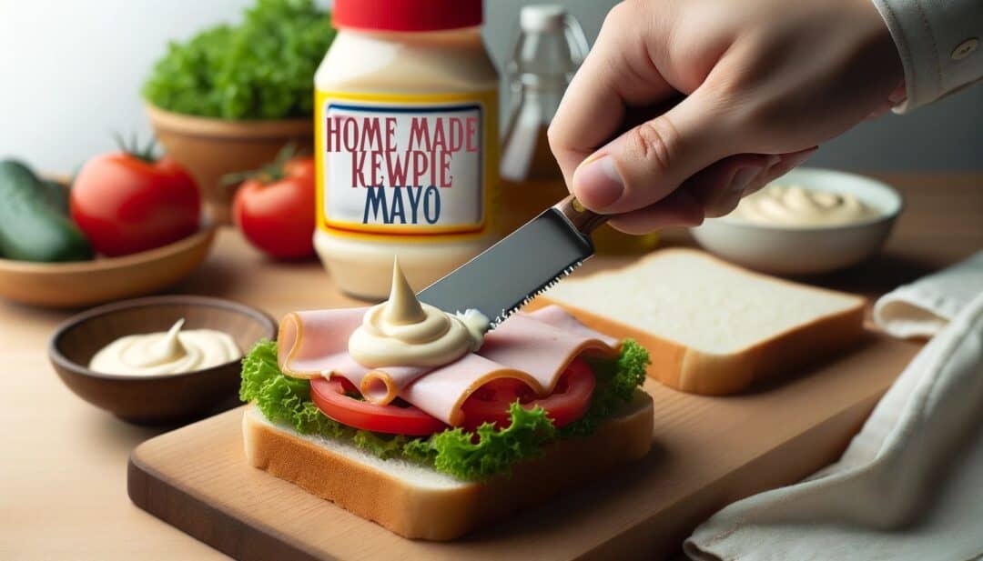 Image of a kitchen scene focusing on the act of spreading kewpie mayo. In the foreground, a hand holds a knife with a generous dollop of creamy kewpie mayo, spreading it thickly across an open sandwich filled with lettuce, tomato, and ham. The sandwich sits on a wooden board, and a jar of kewpie mayo with its signature red cap is visible in the background.