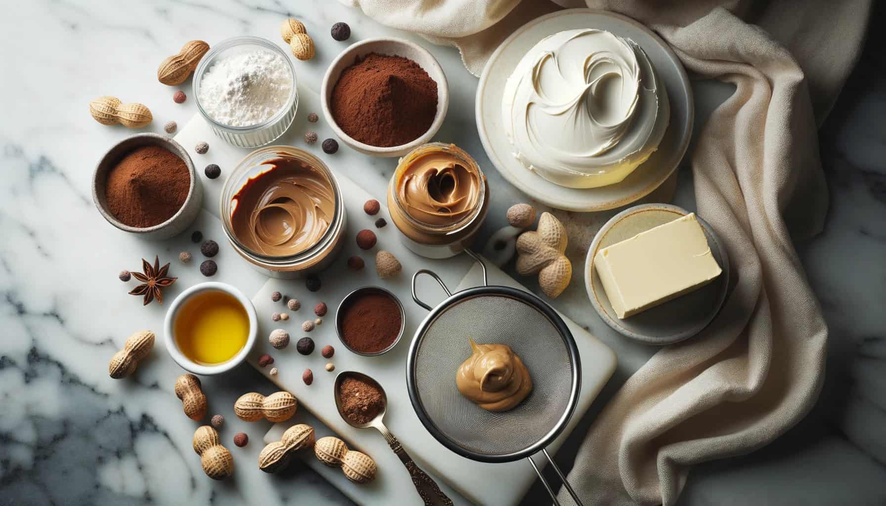 A photo-quality image of a marble kitchen counter adorned with the ingredients for a sweet treat. There's a tub of cream cheese, a jar of peanut butter, a sieve with cocoa powder, a container of melted butter, and a spoon drizzled with maple syrup.