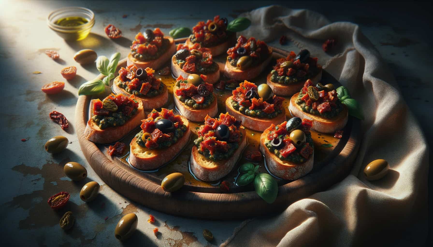 Olive and tomato tapenade crostini. A wooden serving board showcases an array of crispy crostini, each topped with a generous tapenade made from chopped olives, sun-dried tomatoes, capers, and garlic.