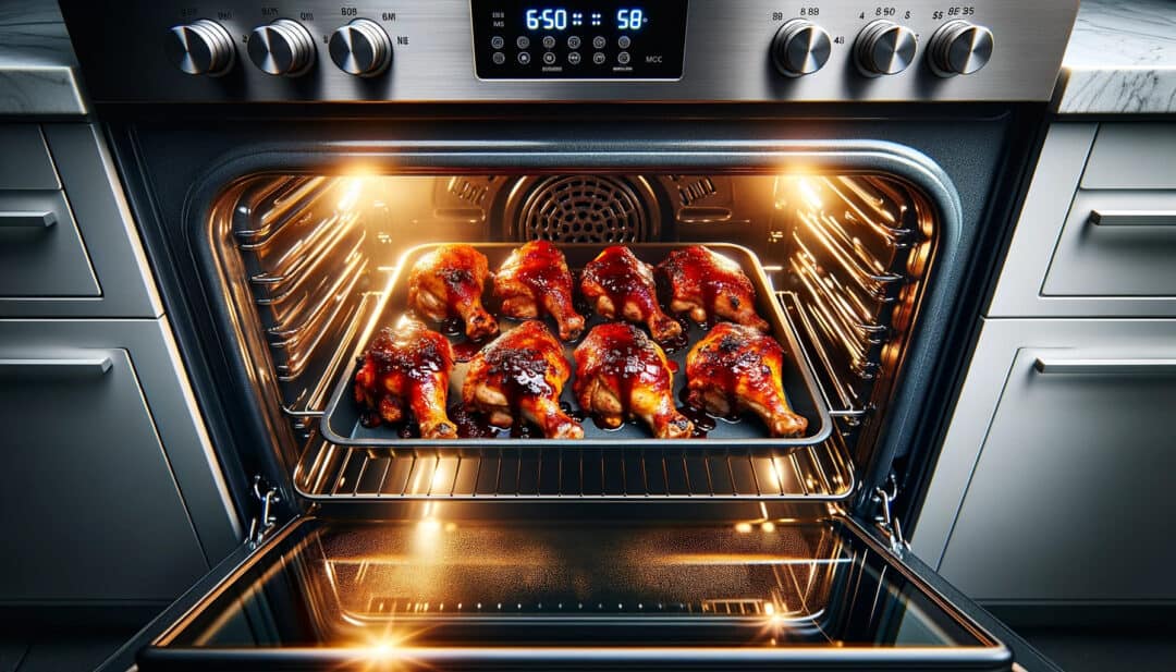 Oven-baked bbq chicken thighs inside a modern oven. The oven's interior light illuminates the golden-brown chicken on the baking tray. Bubbling bbq sauce glistens on the chicken's surface. The oven's glass door is slightly open, revealing the chicken's juicy details, with the oven's digital controls in view.
