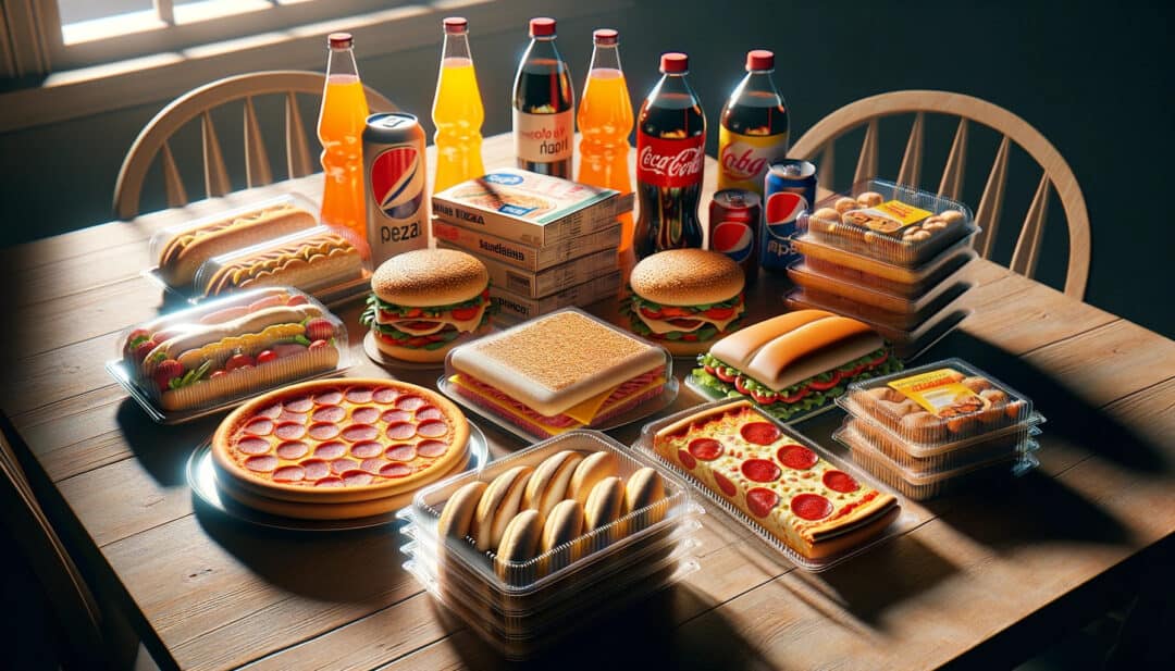 Showcasing a selection of processed foods on a dining table. Items like frozen pizza, pre-packaged sandwiches, and bottled sodas are clearly displayed.
