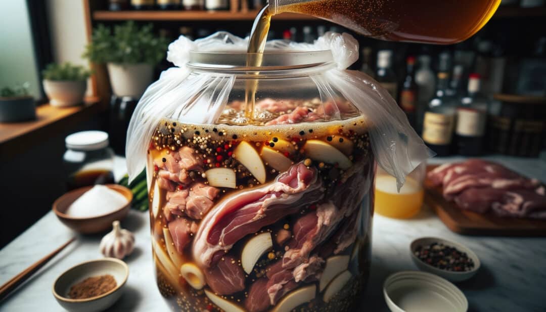 The final step in preparing a marinated pork dish. Vinegar is steadily poured into a large jar, ensuring the seasoned pork