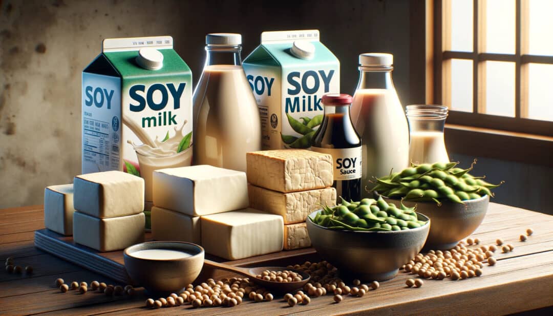 Various soy products arranged on a wooden kitchen counter. The assortment includes tofu blocks, soy milk cartons, soy sauce bottles, and edamame beans in a bowl.