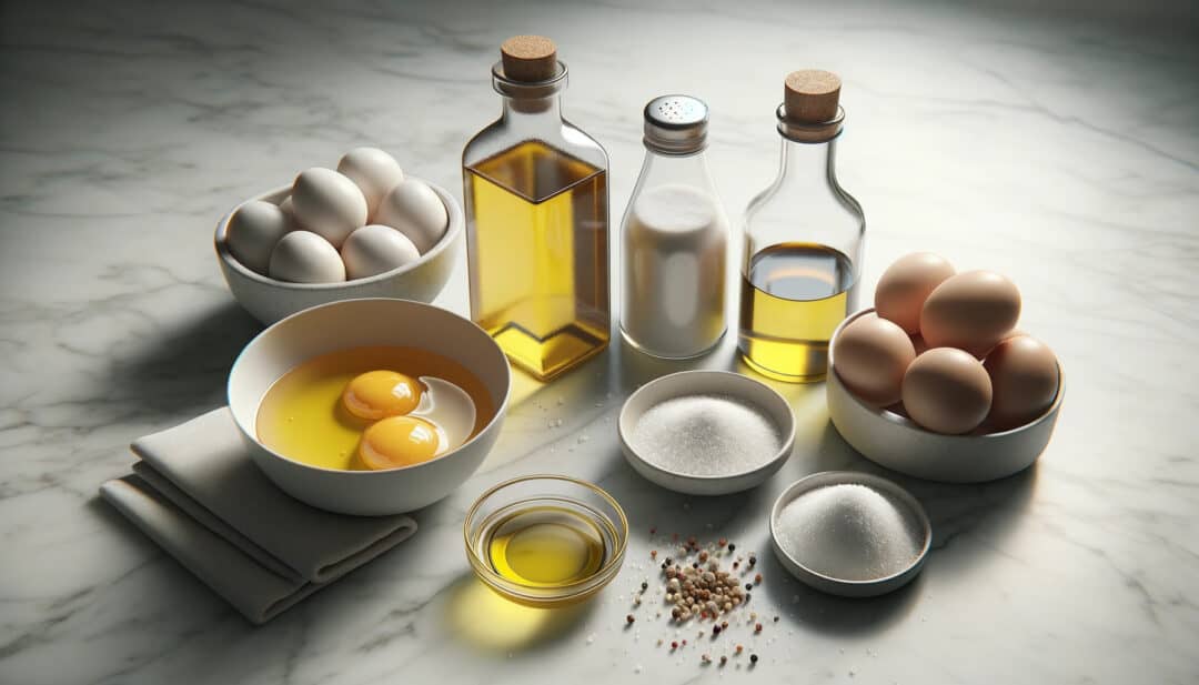 Realistic photograph of a white marble countertop with various cooking ingredients. On the far left, a couple of egg yolks sit in a white bowl, their color contrasting with the surface. Beside them, a sleek bottle of vegetable oil catches the light. In the middle, rice vinegar is poured into a small glass cup. To its right, grains of salt are scattered loosely. On the far right, mustard is presented in a small open jar.
