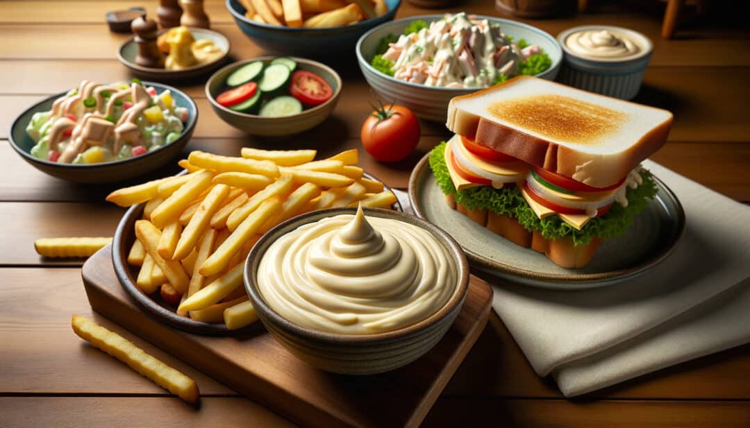 Realistic photograph of a wooden countertop with dishes featuring kewpie mayo. A ceramic bowl of the mayo is in the center, its creamy texture evident. To its left, a plate of hot, crispy fries awaits, with mayo drizzled over them. To the right, a sandwich stacked with lettuce, tomato, and a thick layer of mayo is cut open for display. In the background, a dish of grilled vegetables has streaks of mayo on top, and a creamy potato salad mixed with mayo sits in a bowl.