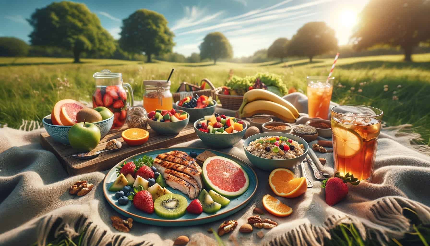 A serene outdoor picnic scene with a spread of food items beneficial for blood sugar control