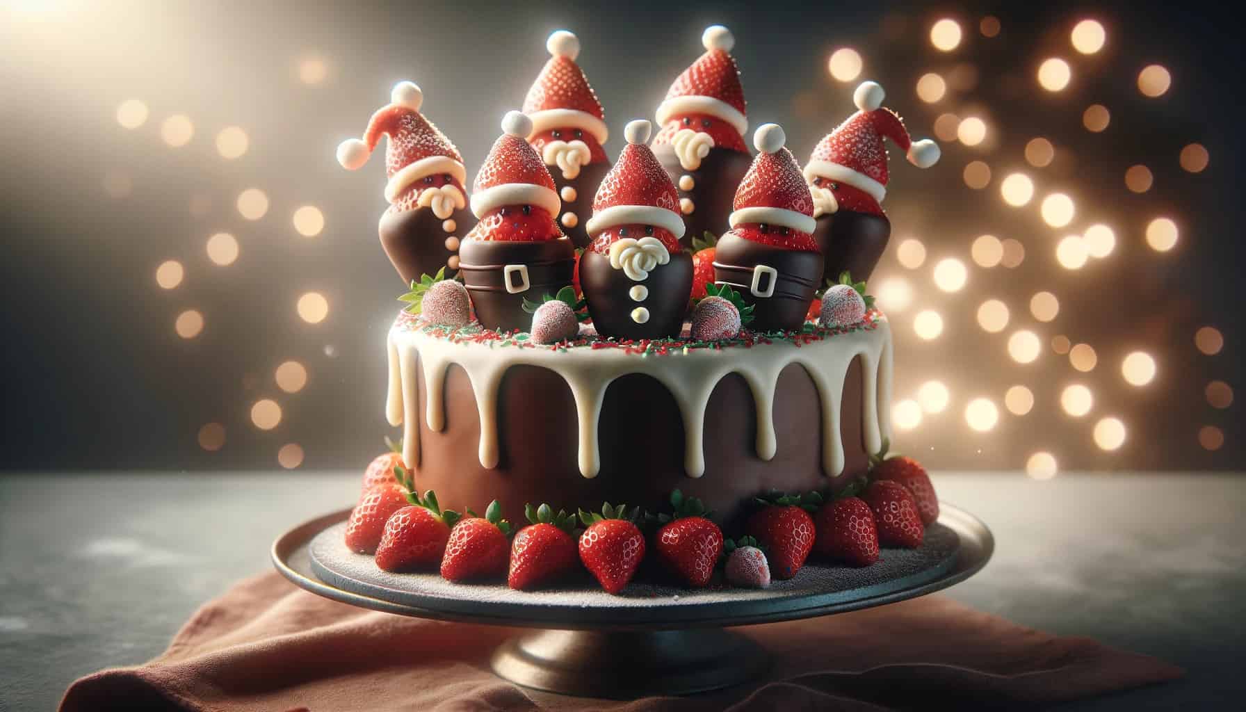 Christmas cake topped with chocolate-covered strawberries dressed as mini santas.