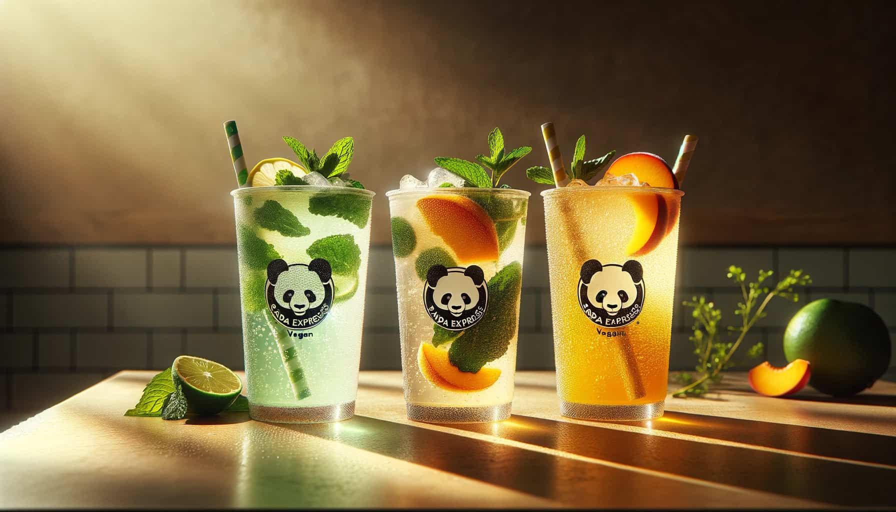 Panda express vegan drinks on a wooden counter. The drinks include a sparkling mint limeade with a sprig of mint on top, a fresh peach iced tea with peach slices floating, and a golden turmeric lemonade glistening with condensation.