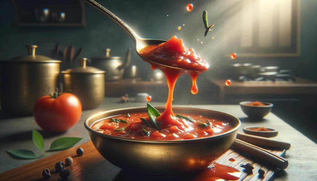 Tomato kerala rasam being lifted from a brass bowl, with droplets mid-air, capturing the dynamic motion.