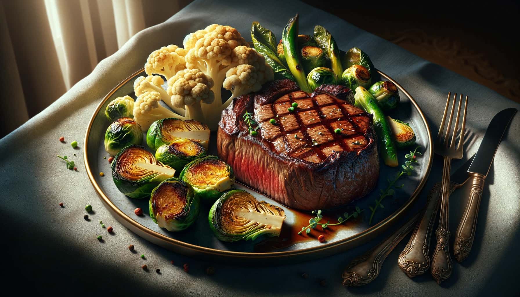A juicy steak paired with roasted vegetables like cauliflower and brussels sprouts