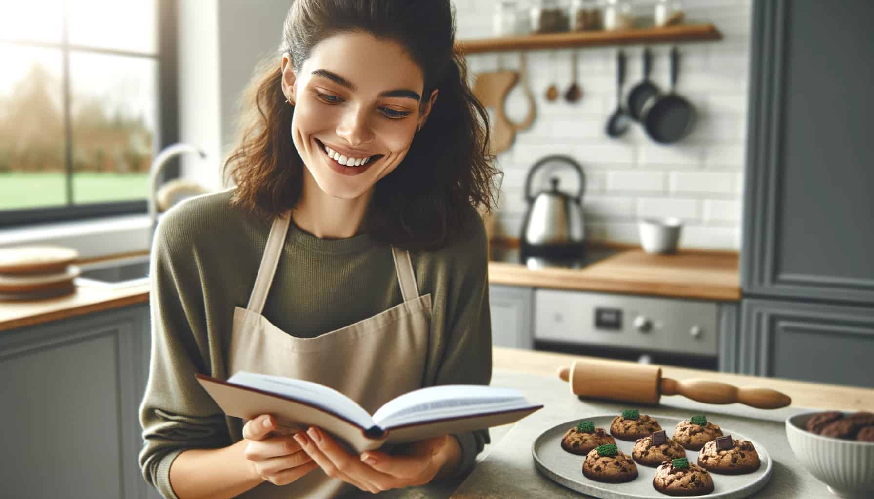 A plate of chocolate cookies on a kitchen bench in a modern kitchen reading a recipe book.