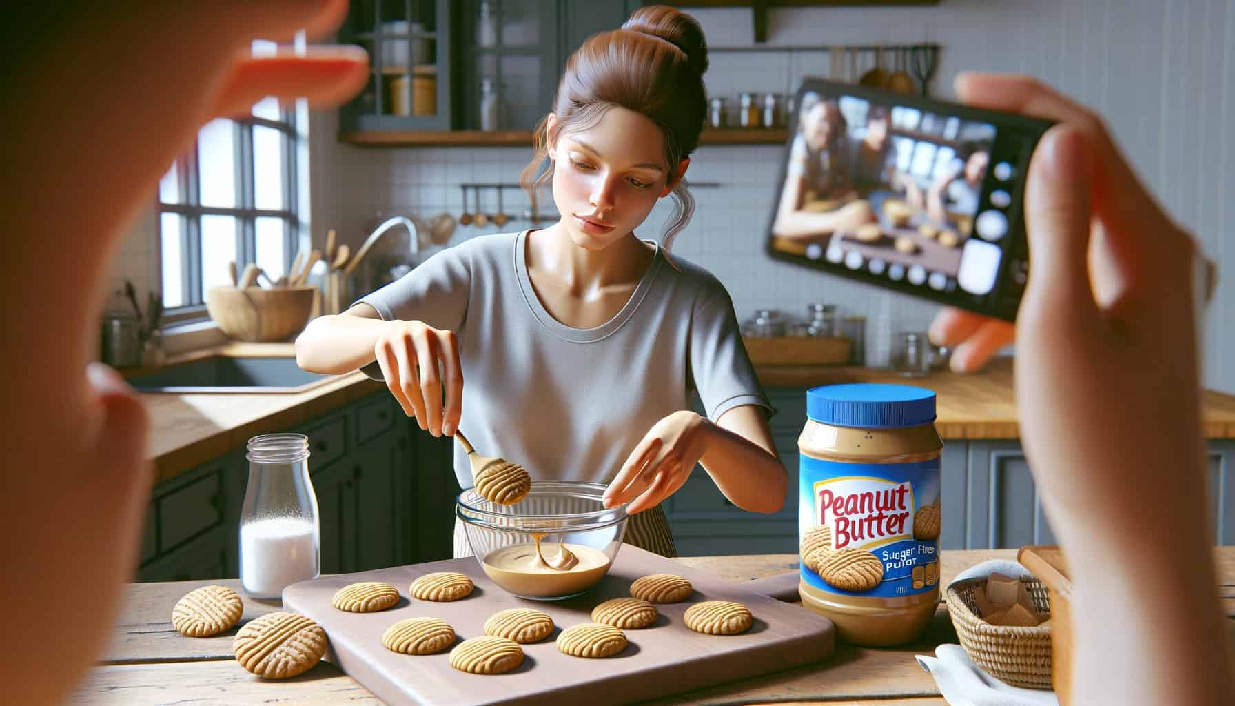 A woman making sugar free peanut butter cookies in a kitchen.
