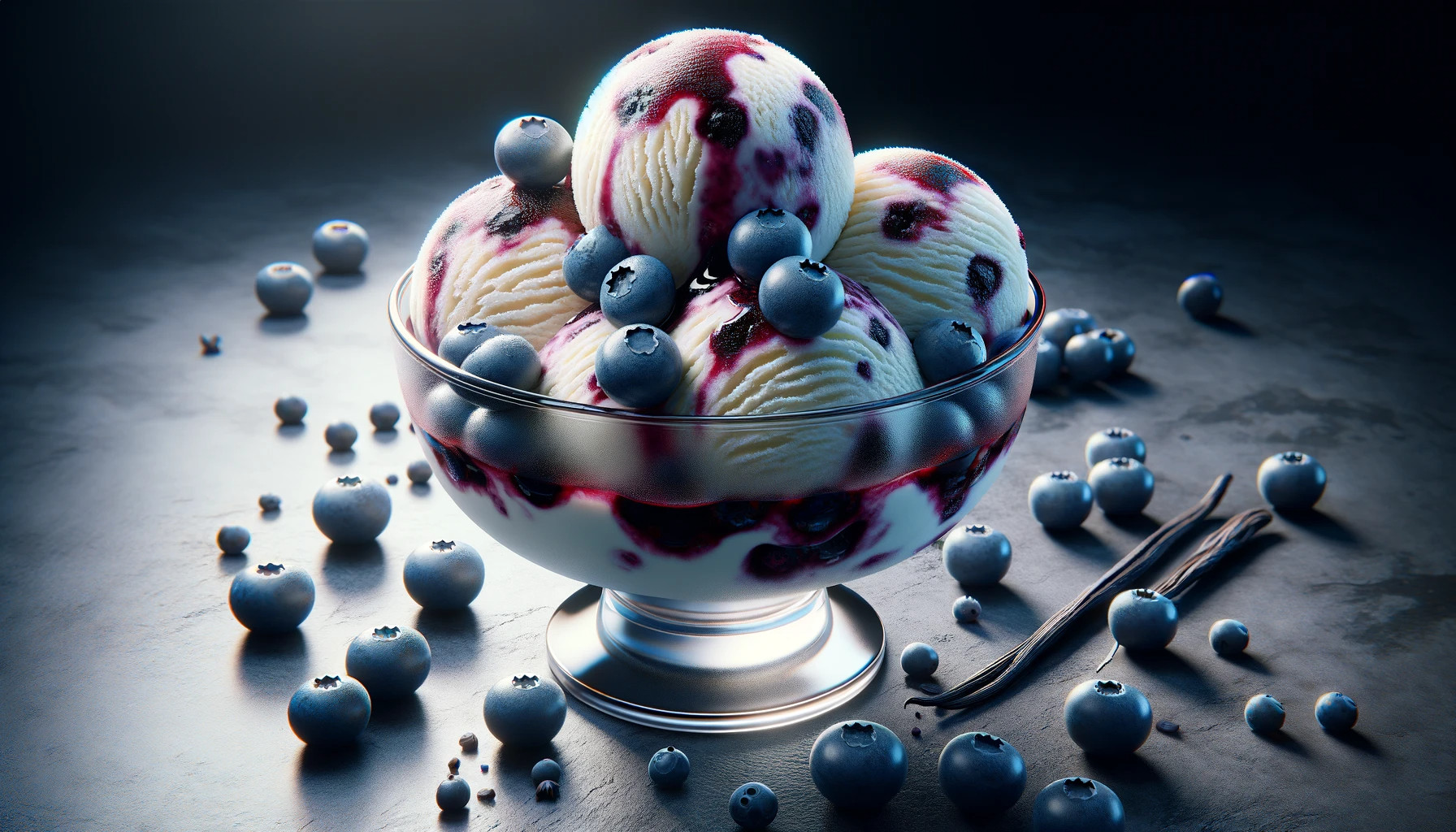 Blueberry vanilla ice cream, served in a delicate glass dish