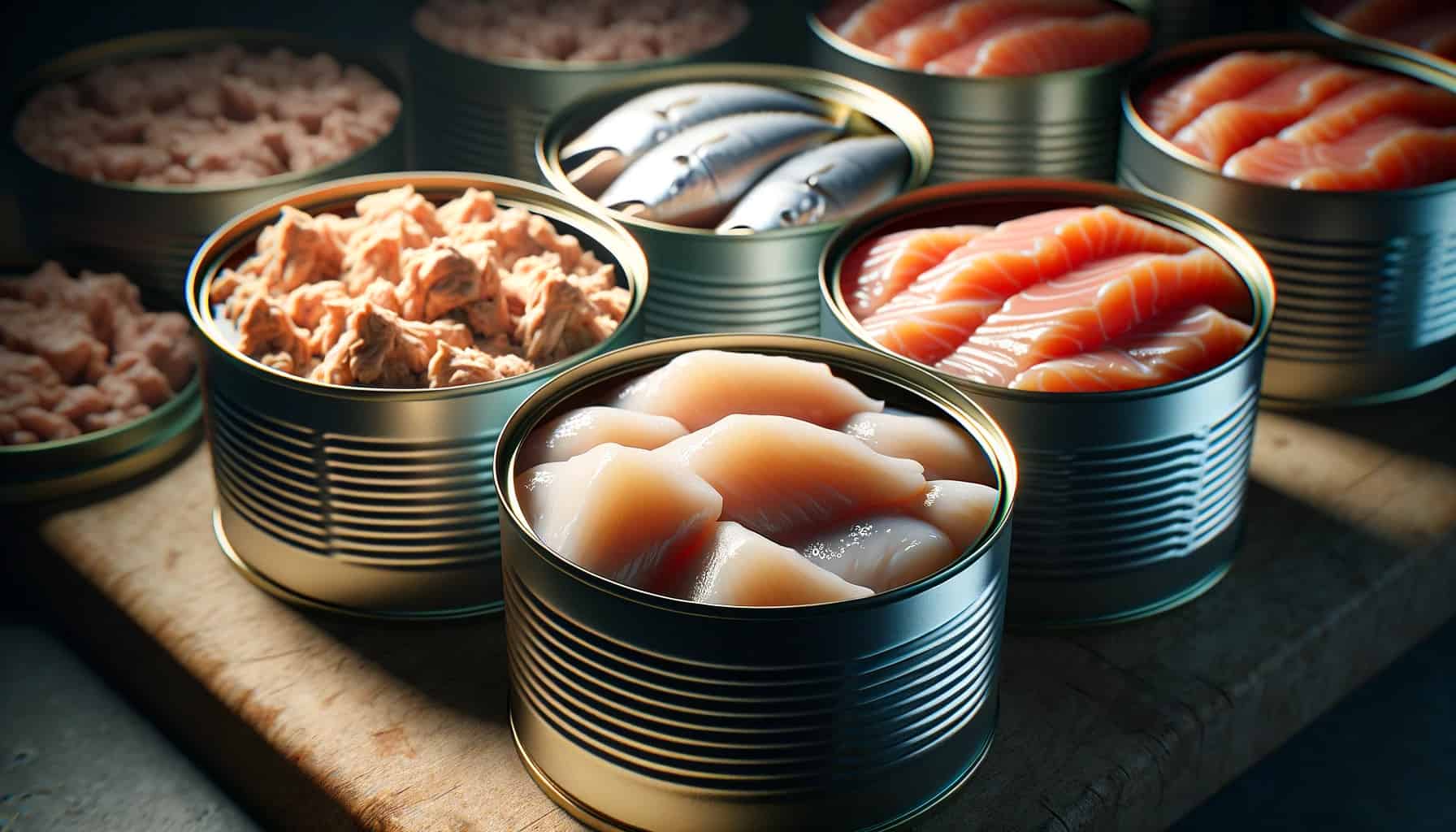 Canned meats, specifically chicken, tuna, and salmon, arranged neatly on a kitchen counter