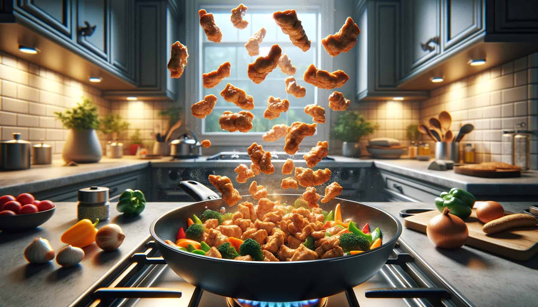 Stir-frying seitan chicken in a kitchen setting