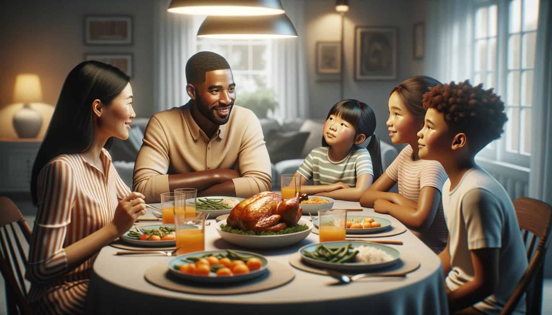 Family seated around a dining table, enjoying a dinner with the apricot preserves chicken dish as the highlight. A mother of asian descent, a father of african descent, and two children - a girl with mixed features and a boy with hispanic features are immersed in conversation. The table has various dishes, with the apricot preserves chicken taking center stage.