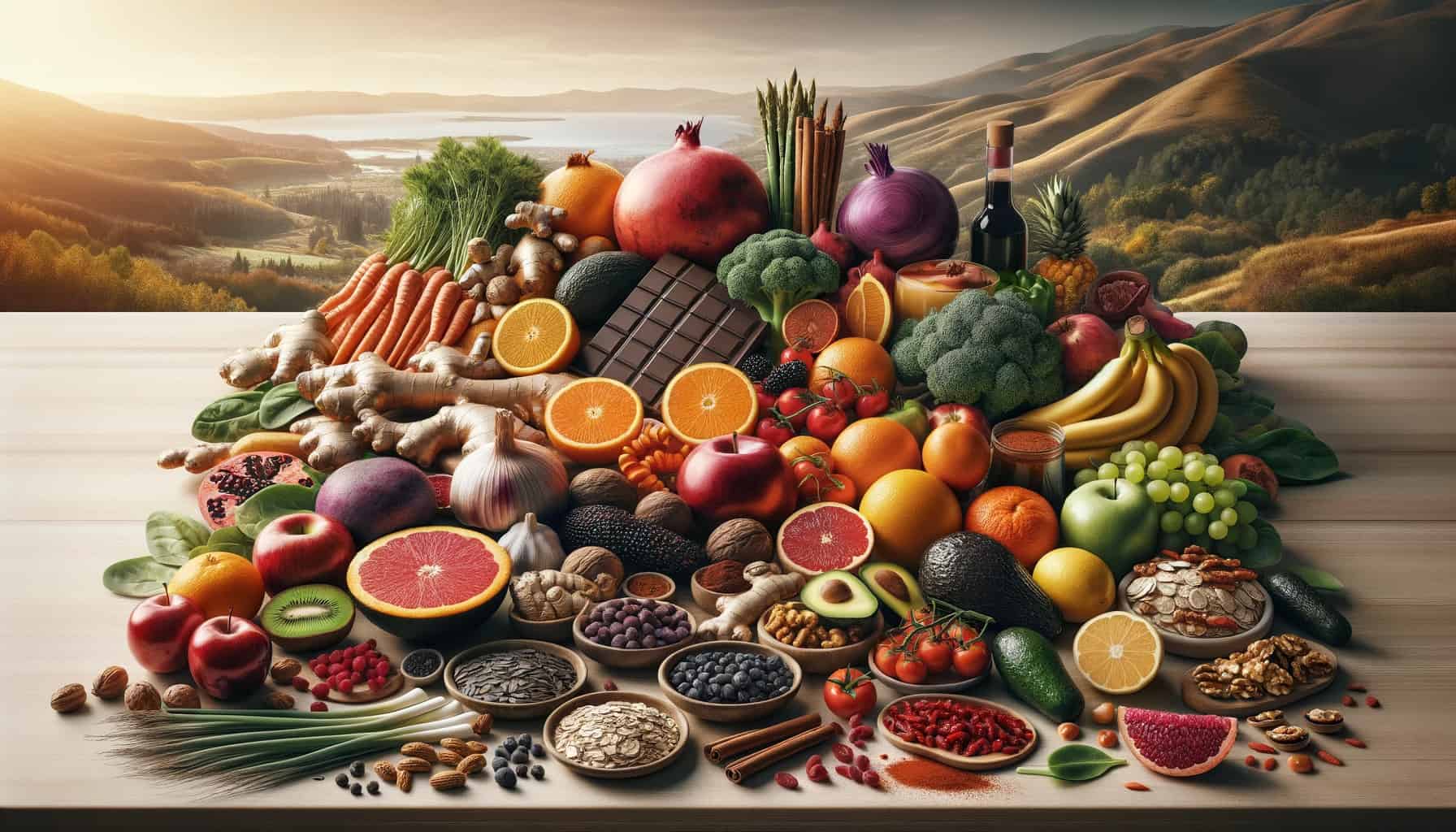 Diverse array of healthy foods: oranges, dark chocolate, cayenne pepper, sunflower seeds, root ginger, garlic, ginkgo biloba, beet, turmeric, salmon, avocados, pomegranate, berries, red grapes, spinach, cinnamon, bananas, watermelon, onions, kiwi, oats, apples, goji berries, cherries, walnuts, tomatoes, carrots, green tea, citrus fruits, papaya, rosemary, and asparagus.
