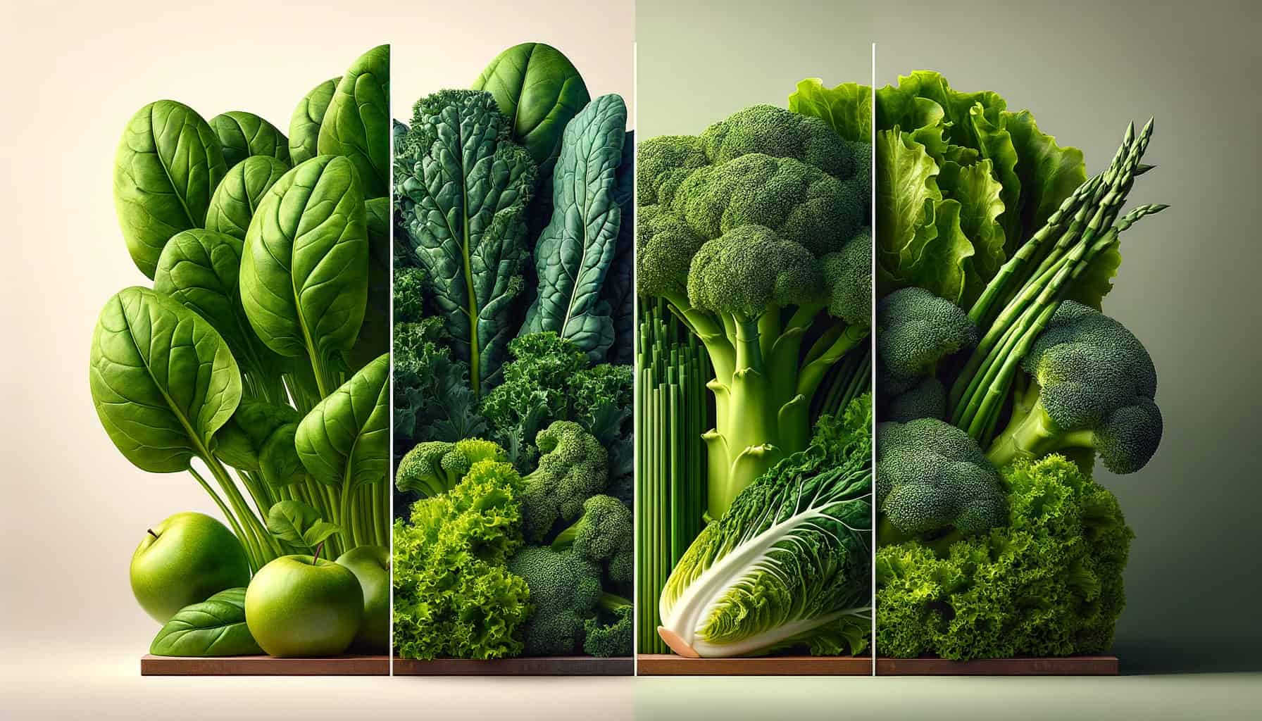 Four types of low-carb vegetables_ spinach, kale, lettuce, and broccoli