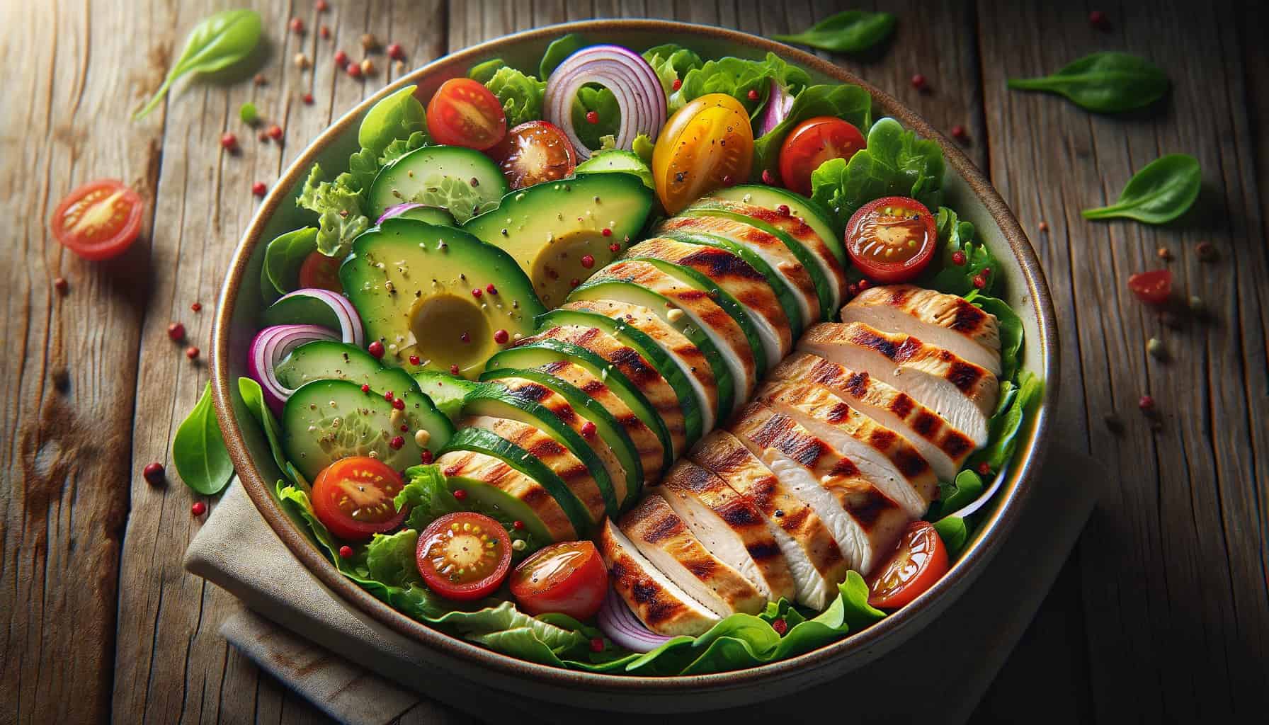 Grilled chicken salad with fresh greens, grilled chicken breast, and low-carb vegetables like cherry tomatoes, cucumbers, and avocado
