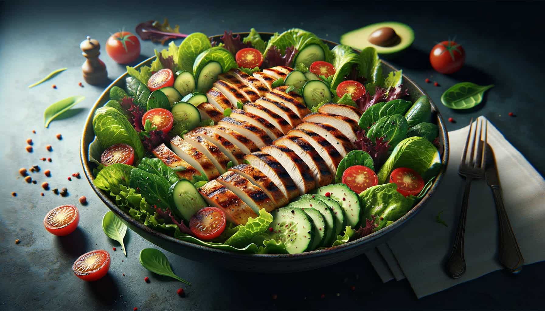 Grilled chicken salad with leafy greens, cherry tomatoes, cucumbers, and avocado slices