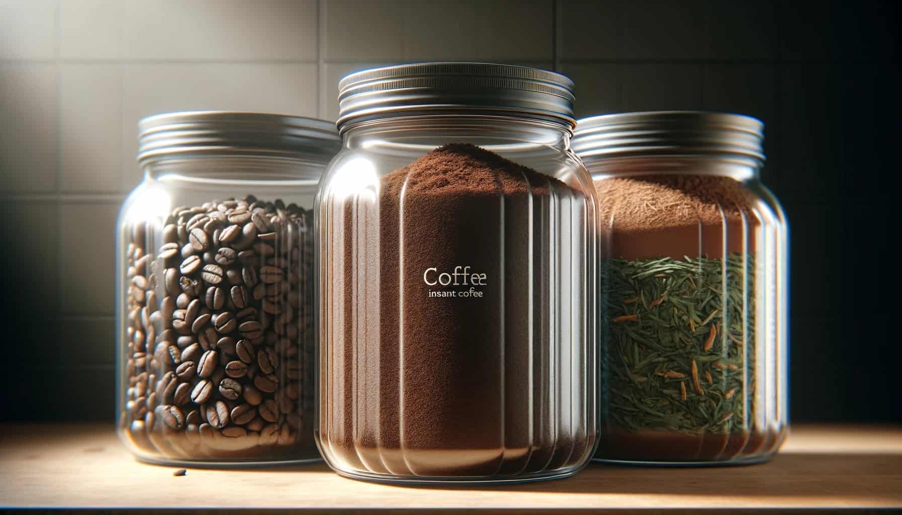 Instant coffee, tea, and cocoa, each stored in separate clear glass jars