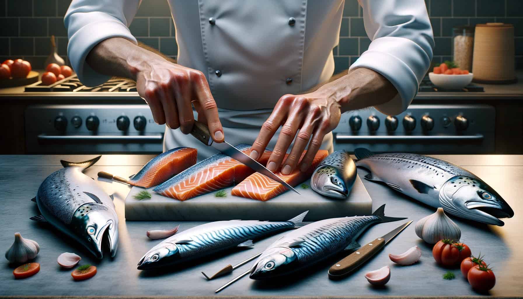 Professional chef preparing salmon, mackerel, and trout for eating