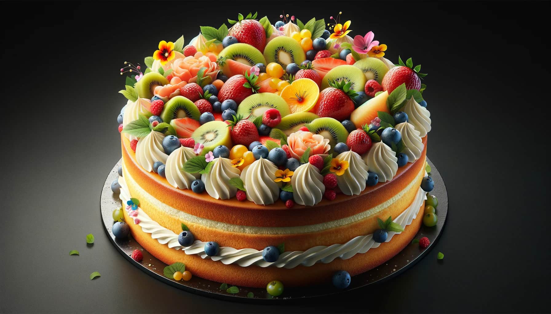 Sponge cake topped with fresh fruit and whipped cream, and decorated with edible flowers.