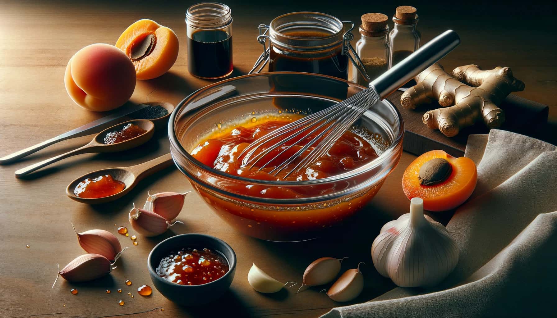 The process of making apricot chicken glaze. A clear glass bowl sits on a wooden countertop. Inside the bowl, a rich apricot sauce is whisked together with visible ingredients like apricot preserves, soy sauce, minced garlic, and ginger.