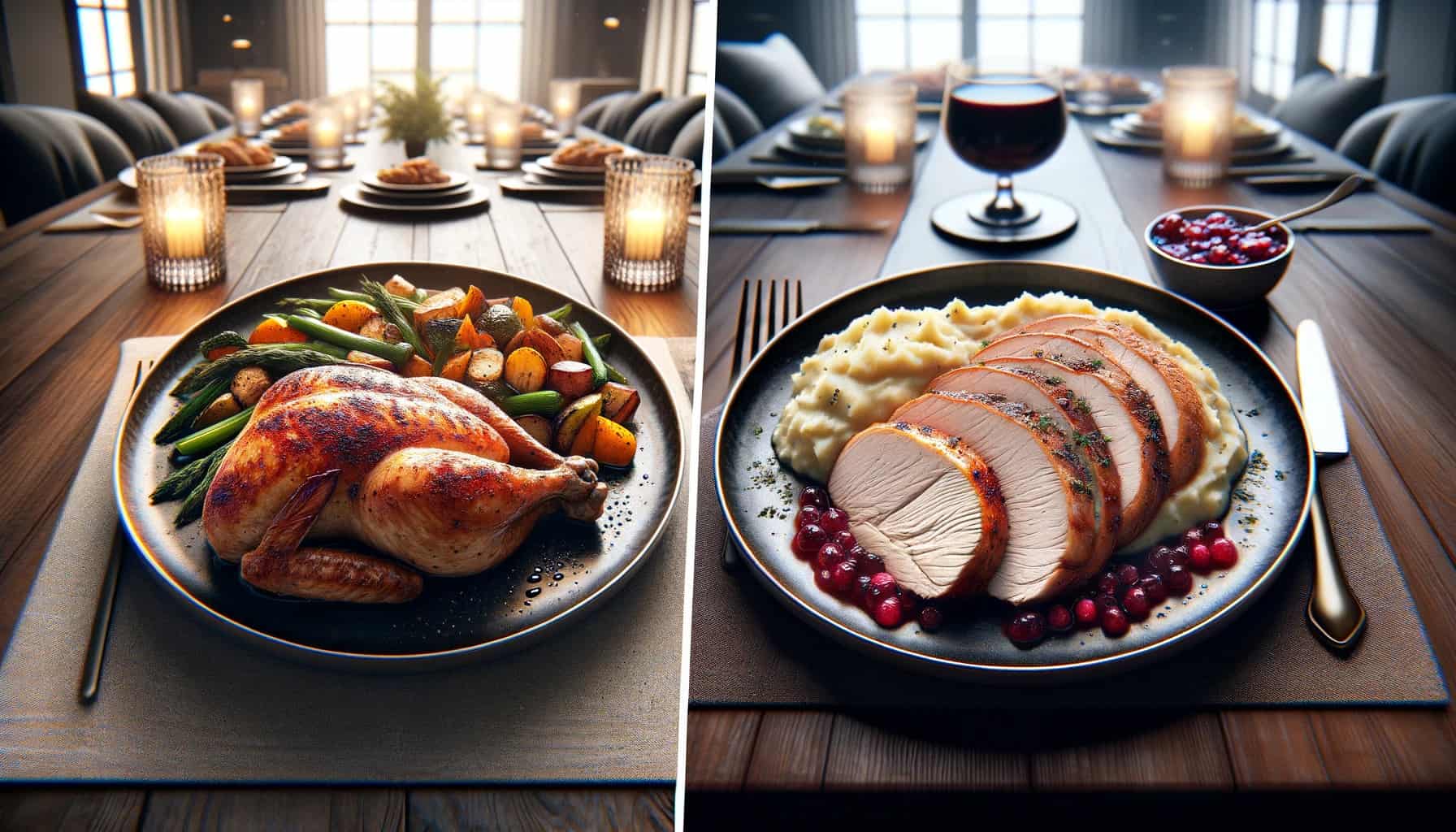 Two separate meals, one with chicken and the other with turkey
