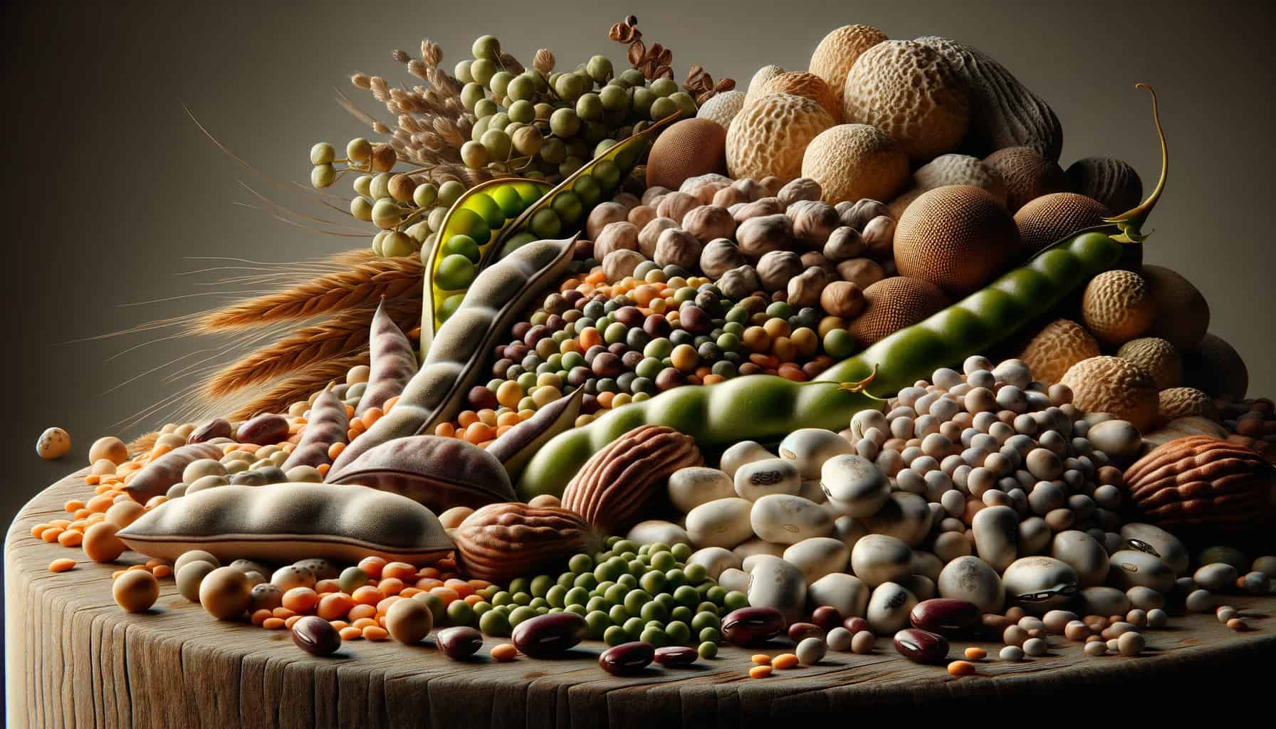 Variety of legumes, including beans, peas, and lentils